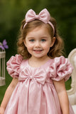 Onion Pink Puff Sleeve And Bow Embellished Frock For Girls