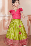Green Silk Pattu Pavadai with Pink Puff Sleeve Top For Girls