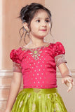Green Silk Pattu Pavadai with Pink Puff Sleeve Top For Girls
