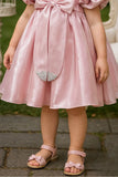 Onion Pink Puff Sleeve And Bow Embellished Frock For Girls