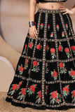 Black Embroidered Lehenga With Cape Top For Girls