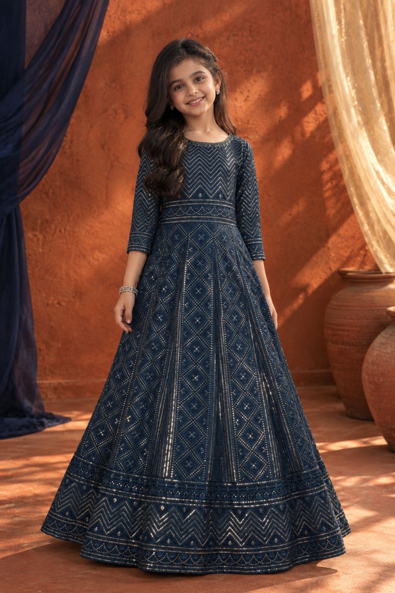 Navy Blue Sequined Long Ethnic Gown For Girls – Lagorii Kids