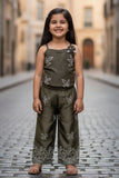 Olive Green Embroidered Co-ord Set With Cream Lace Jacket For Girls