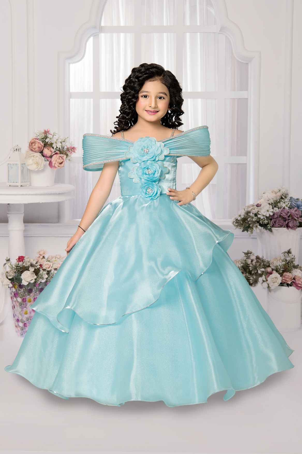 Sky Blue Party Wear Gown With Floral Embellishment For Girls - 4-5Y(22) Sky Blue Party Wear Gown With Floral Embellishment For Girls - 4-5Y(22)