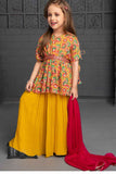 Yellow Printed Palazzo Set With Mirror Work For Girls