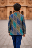 Blue Premium Brocade Indo Western Suit Set For Boys