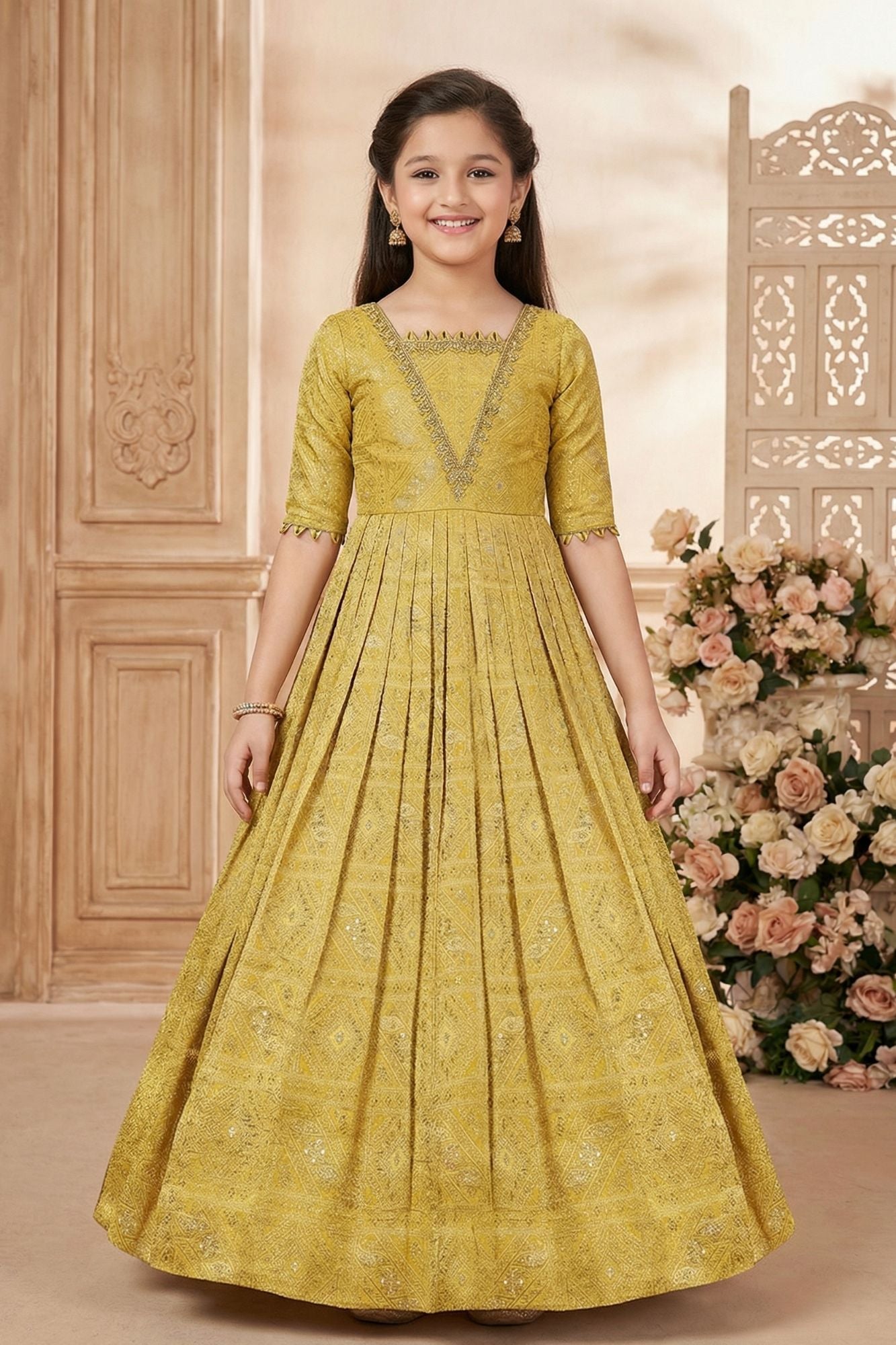 mustard yellow ethnic dress Mustard Yellow Ethnic Gown with Embroidered Neckline For Girls 6-7Y(26)