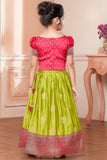 Green Silk Pattu Pavadai with Pink Puff Sleeve Top For Girls