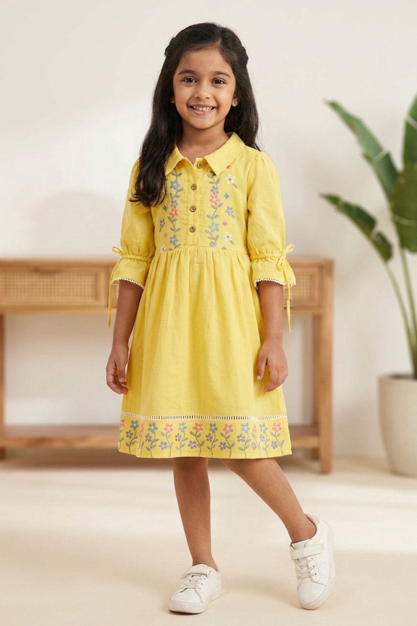 embroidered yellow dress Bright Yellow Floral Embroidered Cotton Dress with Puff Sleeves For Girls 6-12M (16)