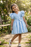 Blue Pleated Satin Party Wear Frock With Puff Sleeves For Girls