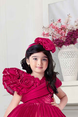 Designer Red Satin Frock With Floral Embellishment For Girls