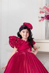 Designer Red Satin Gown With Floral Embellishment For Girls