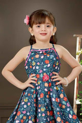 Classic Blue Floral Printed Casual Wear Frock For Girls