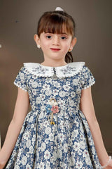 Blue Floral Printed Casual Wear Frock For Girls