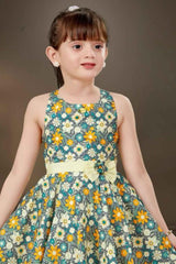 Stylish Blue Floral Printed Sleeveless Frock For Girls