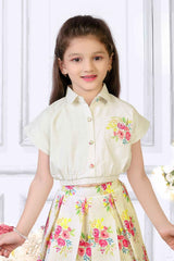 Cream Top And Floral Printed Skirt Set For Girls