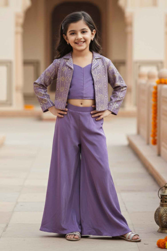 Lavender Embroidered Crop Top and Jacket Palazzo Set For Girls