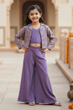 Lavender Embroidered Crop Top and Jacket Palazzo Set For Girls