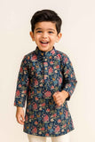 Navy Printed Kurta With Cream Pants For Boys