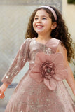 Peach Sequin Party Frock with Oversized Floral Bow For Girls