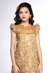 Mustard Floral Printed Frock With Ruffle Sleeves For Girls