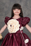 Wine Embellished Party Gown with Oversized Ivory Floral Appliqué For Girls