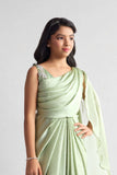Light Green Pre-Draped Saree Gown with Embellished Strap For Girls