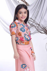Peach Floral Printed Summer Top And Skirt Set For Girls
