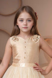 Designer Gold Embellished Net Party Gown With Floral Embellishment For Girls