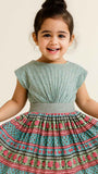 Teal Printed Flared Frock for Girls