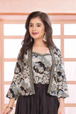Black Palazzo Set With Embroidered Top And Jacket For Girls