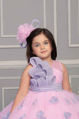 Pink Net Party Wear Frock Embellished With Grey Lace For Girls