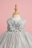 Grey Party Frock with Oversized Floral Appliqué and Pleated Shine Finish For Girls
