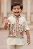 Cream Embroidered Kurta Set with Nehru Jacket For Boys