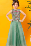 Pista Green Sequins Work With Thread Embroidery For Palazzo Set For Girls