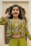Olive Green Embroidered Palazzo Set with Jacket For Girls