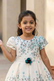 Cream Floral Party Frock with Mint Blue Rose Print & Puff Sleeves For Girls