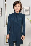 Ethnic Teal Blue Sequins Embroidered Indo-Western Sherwani Style Suit For Boys