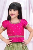 Pink And Olive Green Pattu Pavadai Set With Mirror Embroidery For Girls