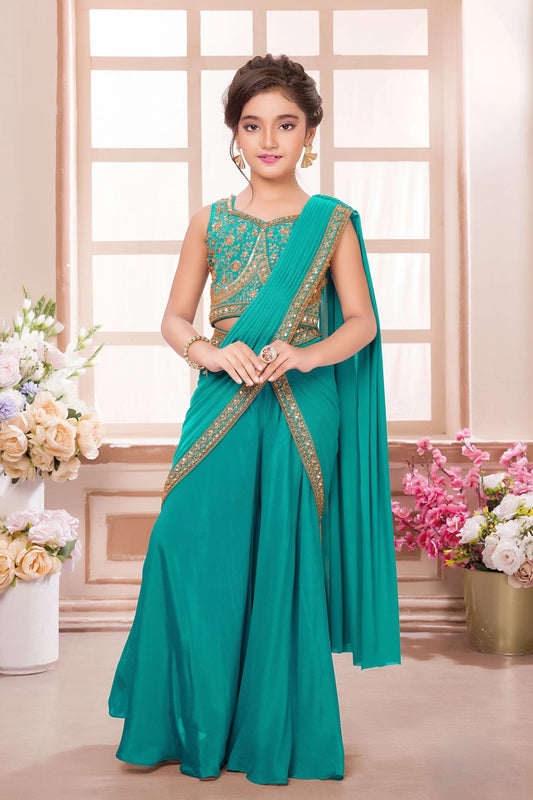 Teal Green Draped Palazzo Saree with Embroidered Blouse For Girls