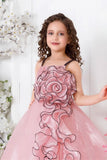 Peach Spiral 3D Petal Appliqué Party Gown For Girls