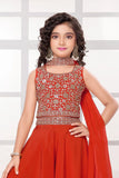 Rust Orange Embroidered Palazzo Set with Dupatta For Girls