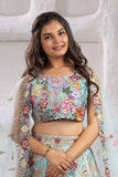 Aqua Blue 3D Floral Threadwork Lehenga Choli Set with Net Dupatta For Girls