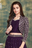 Deep Purple Embroidered Lehenga Choli With Jacket For Girls