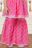 Pink Bandhani Print And Embroidered Top With Sharara Bottom Set For Girls