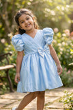 Blue Pleated Satin Party Wear Frock With Puff Sleeves For Girls