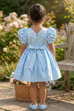 Blue Pleated Satin Party Wear Frock With Puff Sleeves For Girls