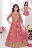 Peach Heavy Embroidered Lehenga Choli Set With Jacket for Girls