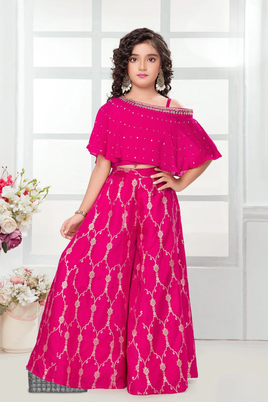 Rani Pink Off Shoulder Embroidered Palazzo Set For Girls