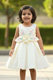 Cream 3D Floral Appliqué With Embroidery Party Wear Frock For Girls